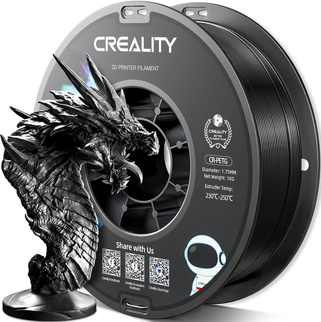 Official Creality PETG 3D Printer Filament 1.75mm 1KG (2.2lbs), High Precision, Strong Toughness, Odorless, Better Flow, Moistureproof 3D Printing CR PETG Filament, Black (Petg-1kg Black)