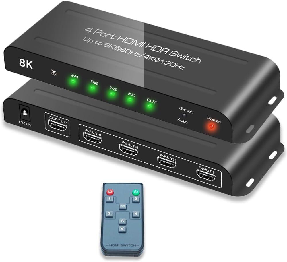 SkycropHD HDMI 2.1 Switch 8K@60Hz 4K@120Hz 4 in 1 Out HDMI Auto Switcher with Remote Support 48Gbps, HDR10+, HDCP2.3, Dolby Vision/Atmos and CEC