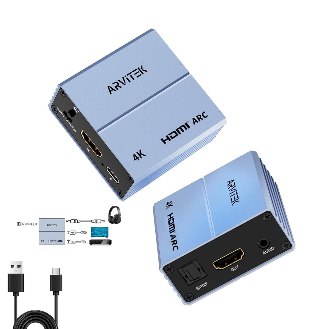 HDMI ARC Audio Extractor 4k@60Hz, 192KHz HDMI Audio Converter with Optical S/PDIF & 3.5mm AUX Output for Blu-Ray Player, TV Box, Soundbar, Speaker, Amplifier