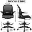 Drafting Chair Tall Office Chair with Flip-up Armrests, Adjustable Height, and Enhanced Lumbar Support - Ergonomic Rolling Stool, Back Support, and Adjustable Foot Rest Ring for Standing Desk Black