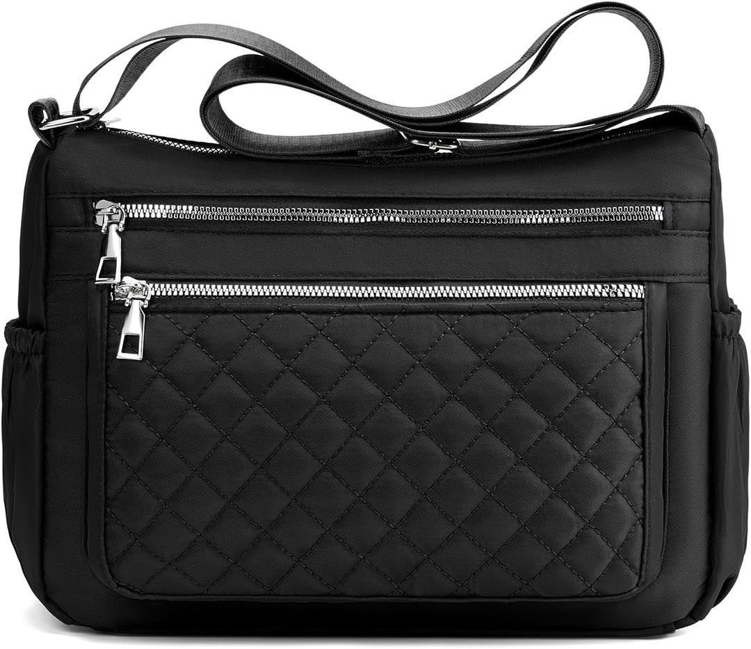 RNIEGA Crossbody Bag for Women Roomy Nylon Shoulder Bag Lightweight Zipper Daily Bag with Pockets for Travel with 3 Styles (Black)