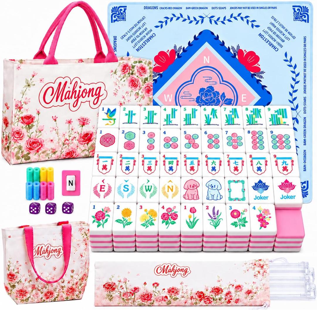 American Mahjong Sets with Mat and Racks and Bag
Large, Clear Arabic Numerals, Deep Engraved Melamine Mahjong Tiles, Non‑Slip Mat, Gift for Mahjong Lovers, Pink