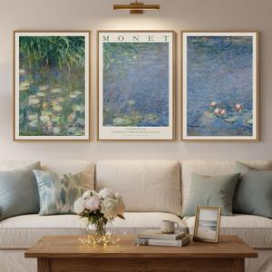 3 Piece Framed Monet Water Lilies Wall Art for Living Room, Impressionist Lake Landscape Canvas Artwork for Walls, Large Vintage Classic Floral Prints Paintings for Bedroom Hallway 16x24 Inch