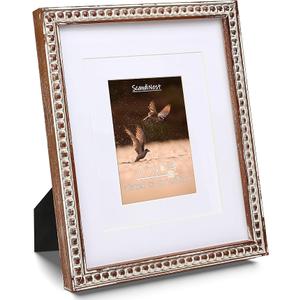 11x14 Rustic Picture Frame, Decorative Distressed Beaded Detailing, Natural Pine Wood with Real Glass, Matted to 8x10/5x7 Photos, Gallery Wall Poster Frame and Tabletop Display, Natural