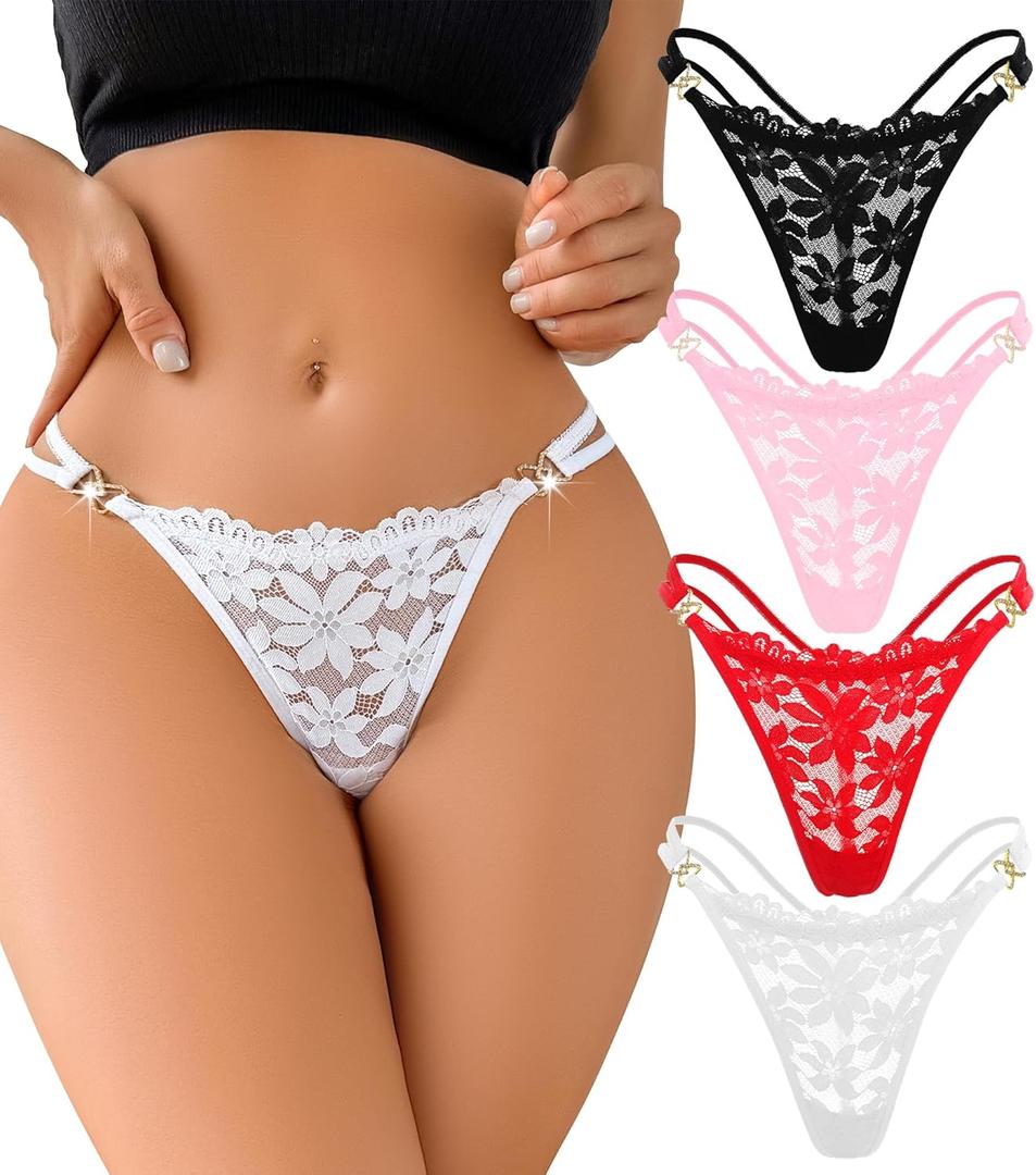 G-String Thongs for Women Sexy Lace T Back Underwear Low Rise No Show Cheeky Panties (Medium, #2 4pack Black/White/Pink/Red)