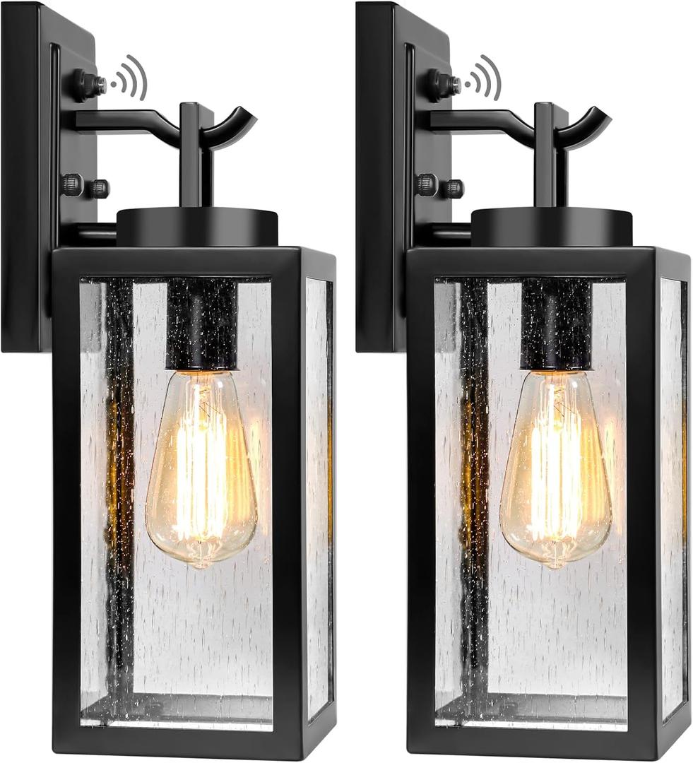 2 Packs Dusk to Dawn Outdoor Wall Lantern with Sensor, Exterior Porch Light Fixtures Wall Mount, 100% Waterproof Anti-Rust, Matte Black Outdoor Wall Lights for Garage, Doorway, Hallway