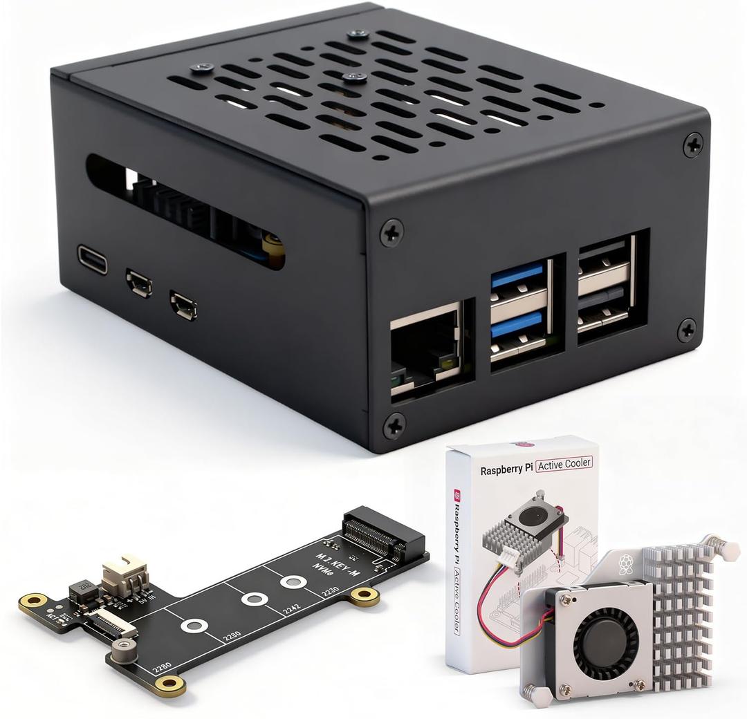 Premium Metal Case with PCIe NVMe Hat and Low Noise Bearing System Fan&Heatsinks Cambo for Raspberry Pi 5 (8GB or 16GB RAM)