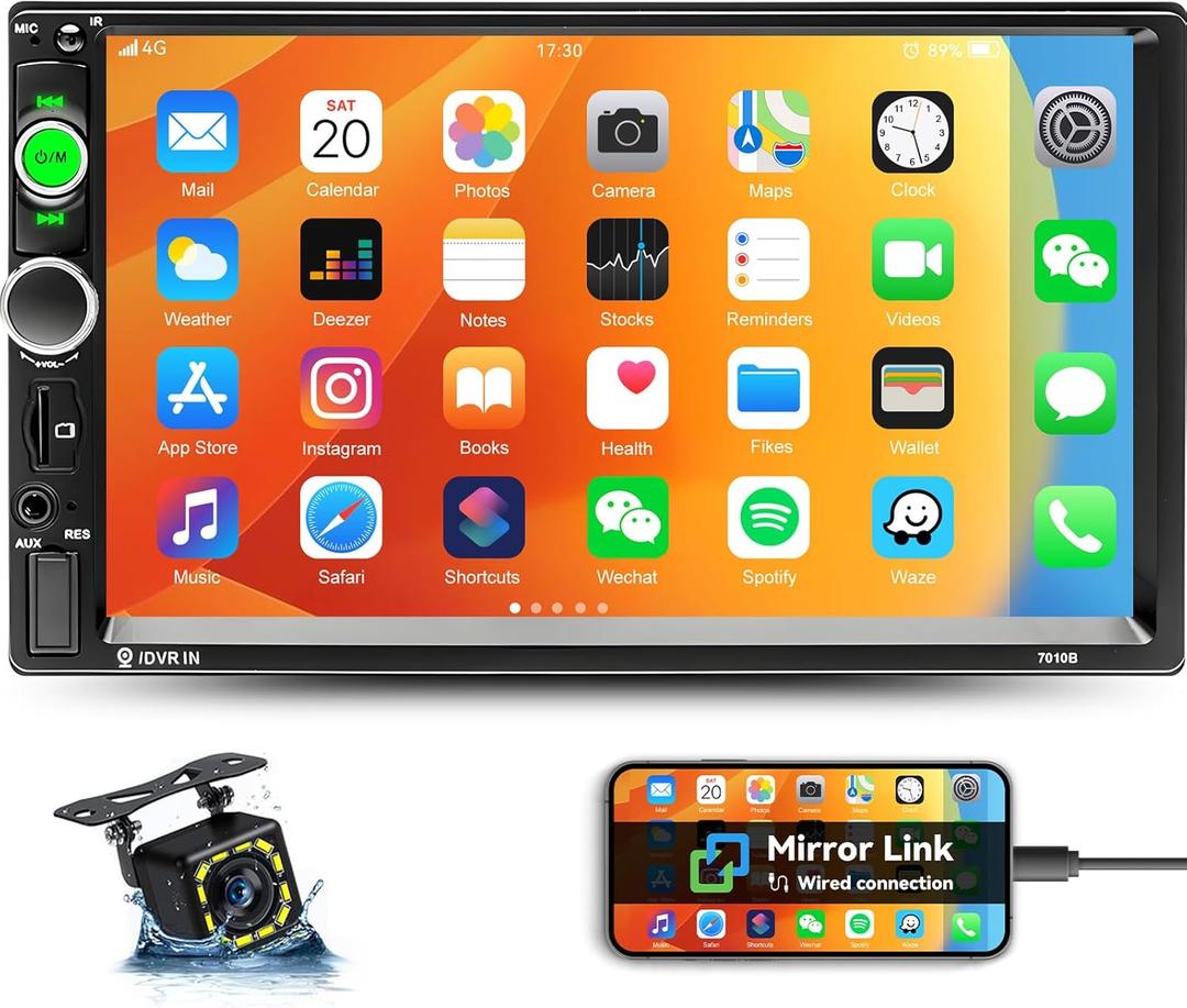 Double Din Bluetooth Car Stereo 7 Inch Car MP5 Player Digital Touch Screen Display Multimedia FM Radio Receiver USB/AUX in/SD in 2 Din Autoradio Phone Mirror Link Support Backup Camera+Remote Control