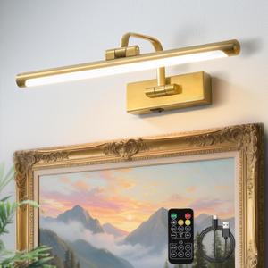 Wireless Picture Light for Wall, Rechargeable Light for Pictures with Remote & Timer, 16 Inch Dimmable Gold Art Light for Paintings, Battery Operated LED Wall Light with 3CCT for Gallery