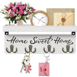 Buways Wall-Mounted Key and Mail Holder, Wooden Key Rack with 4 Double Key Hooks, Rustic Home Decor for Entryway (White)