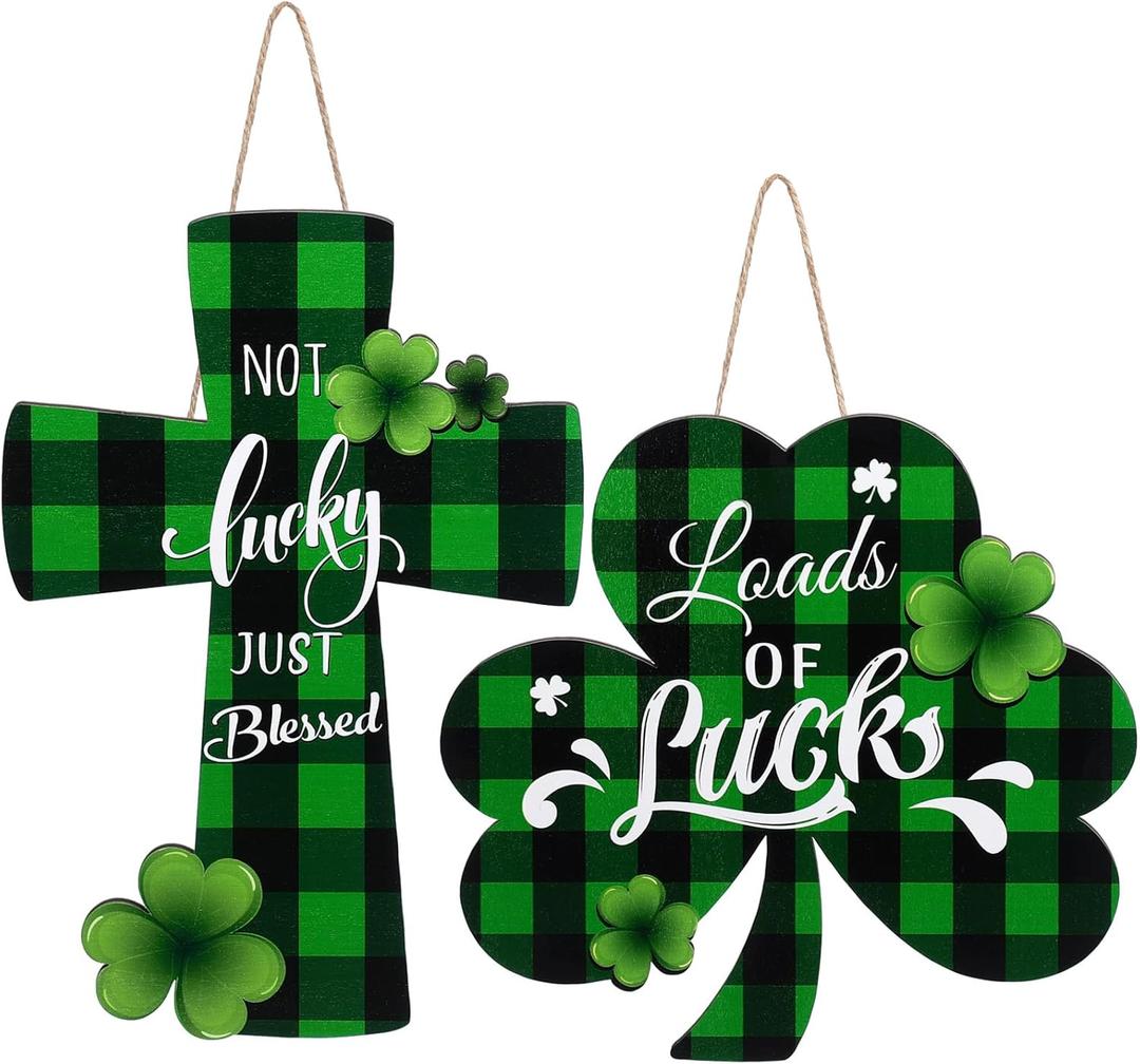 Capoda 2 Pcs St. Patrick's Day Door Decorations Saint Patrick Day Wooden Sign for Front Door Shamrock Buffalo Plaid Religious Blessing Cross Welcome Wreath for Irish Christian School Home Wall Decor