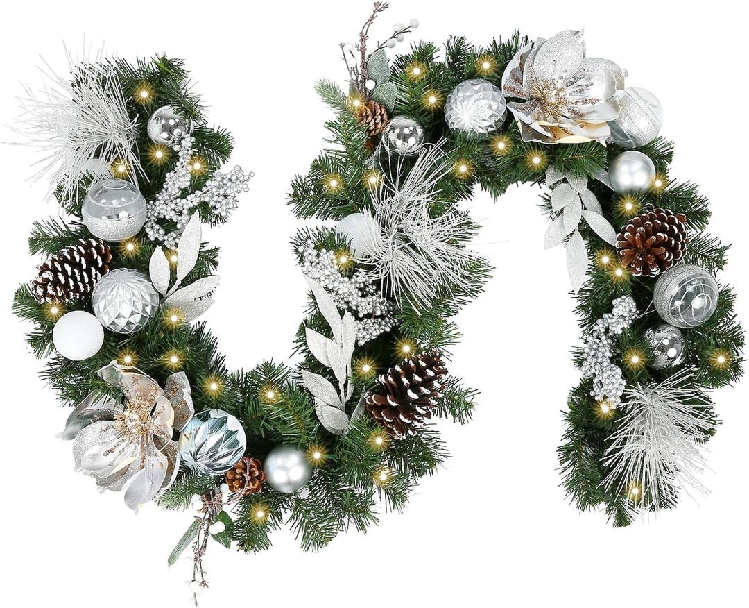 WBHome Pre-lit 6 Feet/72 Inch Christmas Garland, White & Silver Lighted Garland with 35 LED Lights for Indoor Outdoor Xmas Decor Holiday Decorations, Battery Operated (Batteries NOT Included)