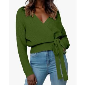 Women's Casual V Neck Wrap Sweater Pullovers Lightweight Ribbed Drop Shoulder Knitted Tops, L