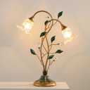 Glass Table Lamp, Antique Flower Decorative Bedside Desk Lamp with Green Leaf, Retro Decorative Lamp for Bedroom Home Office Bronze Finish