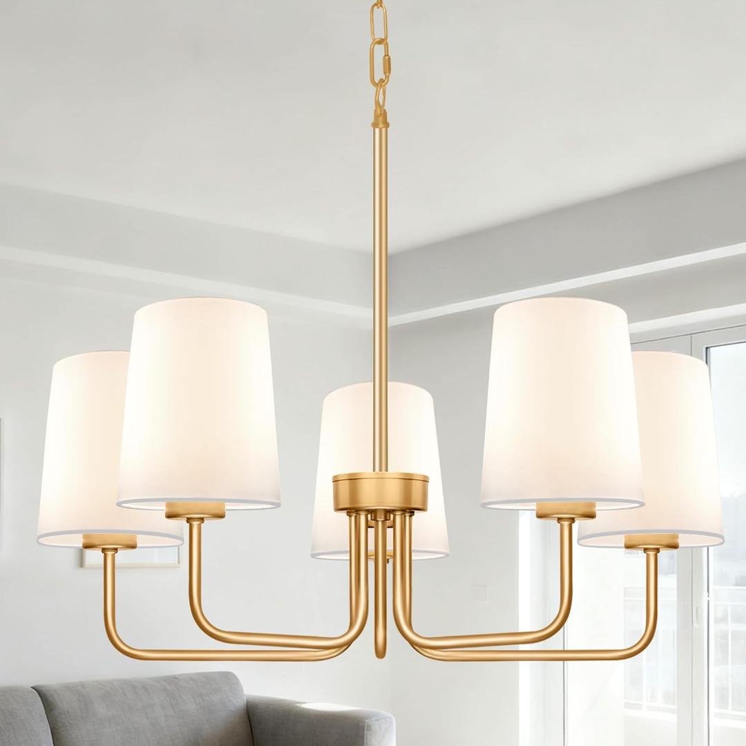 Farmhouse Chandelier, 5-Light Gold Chandelier with White Fabric Shade, Height Adjustable Modern Dining Room Light Fixture with E26 Base for Bedroom Foyer Hallway Entryway Kitchen Living Room