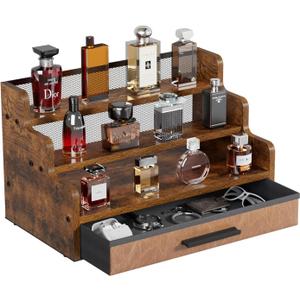 Yuzehuaza 3 Tier Cologne Stand with Drawer, Wooden Cologne Organizer for Men/Women, Retro Perfume Stand Organizers, Display Riser Shelf Holder for Skincare and Makeup Organizers, Rustic Brown