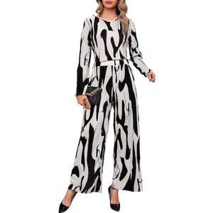 Verdusa Women's 2 Piece Sets Dressy Brunch Outfits Bell Sleeve Pleated Crop Top Pants Business Casual Outfit (Medium, Brown and Black)