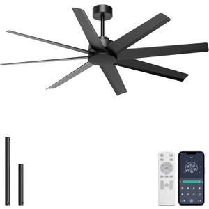 Ohniyou 60'' Ceiling Fan No Light - Modern Black 8 Blades Ceiling Fan Remote/APP Control, DC Motor Outdoor Fan for Covered Patio, Living Room, Shop, Garage