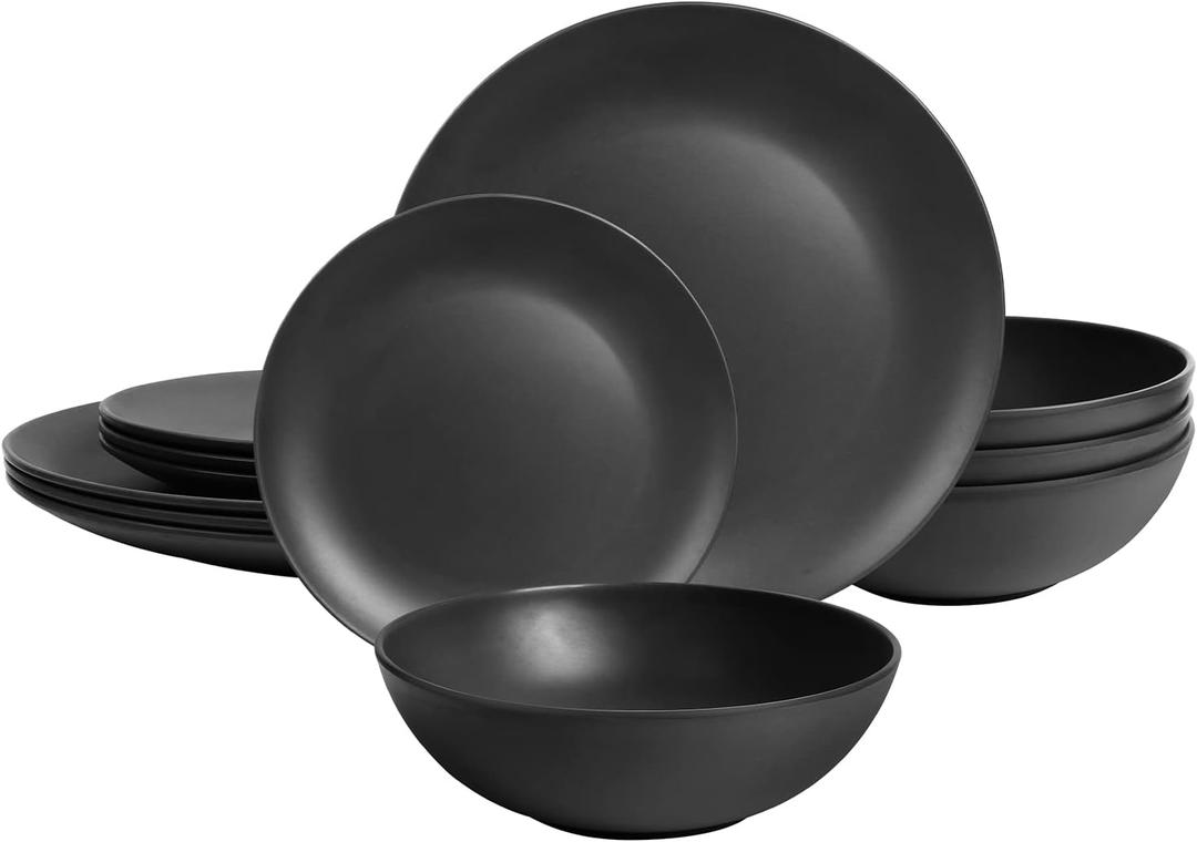 Dinnerware Sets 12 pcs Black Plates and Bowls Sets Melamine Plates Indoor and Outdoor use Matte Black Dish Set Plate Set for 4 Dishwasher Safe(Round)