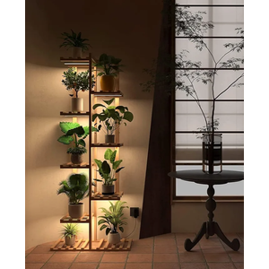 Solatmos Bamboo Plant Stand With Grow Lights Indoor Plants Outdoor Corner Plant Shelf Flower Stands for Living Room Patio Garden Corner Balcony (Wood, 8 Tier)
