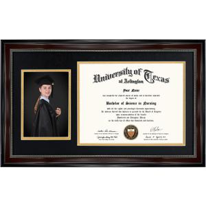 GraduationMall 11x19 Mahogany Diploma and Photo Frame for 8.5x11 Certificate,5x7 Picture,Real Glass,Black over Gold Double Mat, 13x21.5x1.5 inches