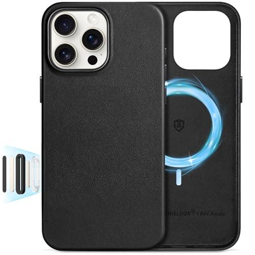 SHIELDON Genuine Leather Case for iPhone 16 Pro Max 6.9", [Camera Button Updated], Compatible with MagSafe, Magnetic Wireless Charging/Non-Slip/Shockproof/Metal Buttons/Camera Bump Frame Cover - Black