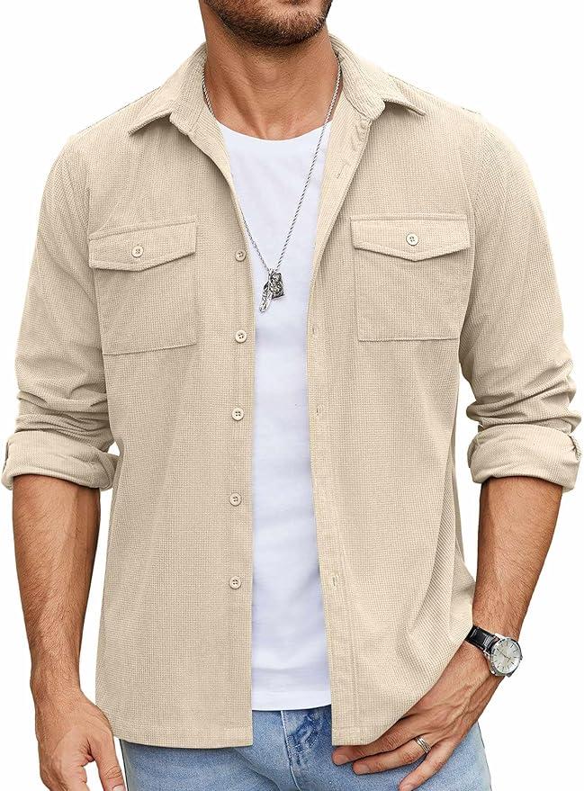 COOFANDY Men's Button Down Waffle Shirt Jacket Casual Long Sleeve Shacket Lightweight Overshirts with Flap Pockets, Large