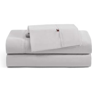 Tommy Hilfiger - Sheet Set, Cotton Percale Bedding with Matching Pillowcases, Crisp & Cool, Solid Home Essentials (Grey, Full)