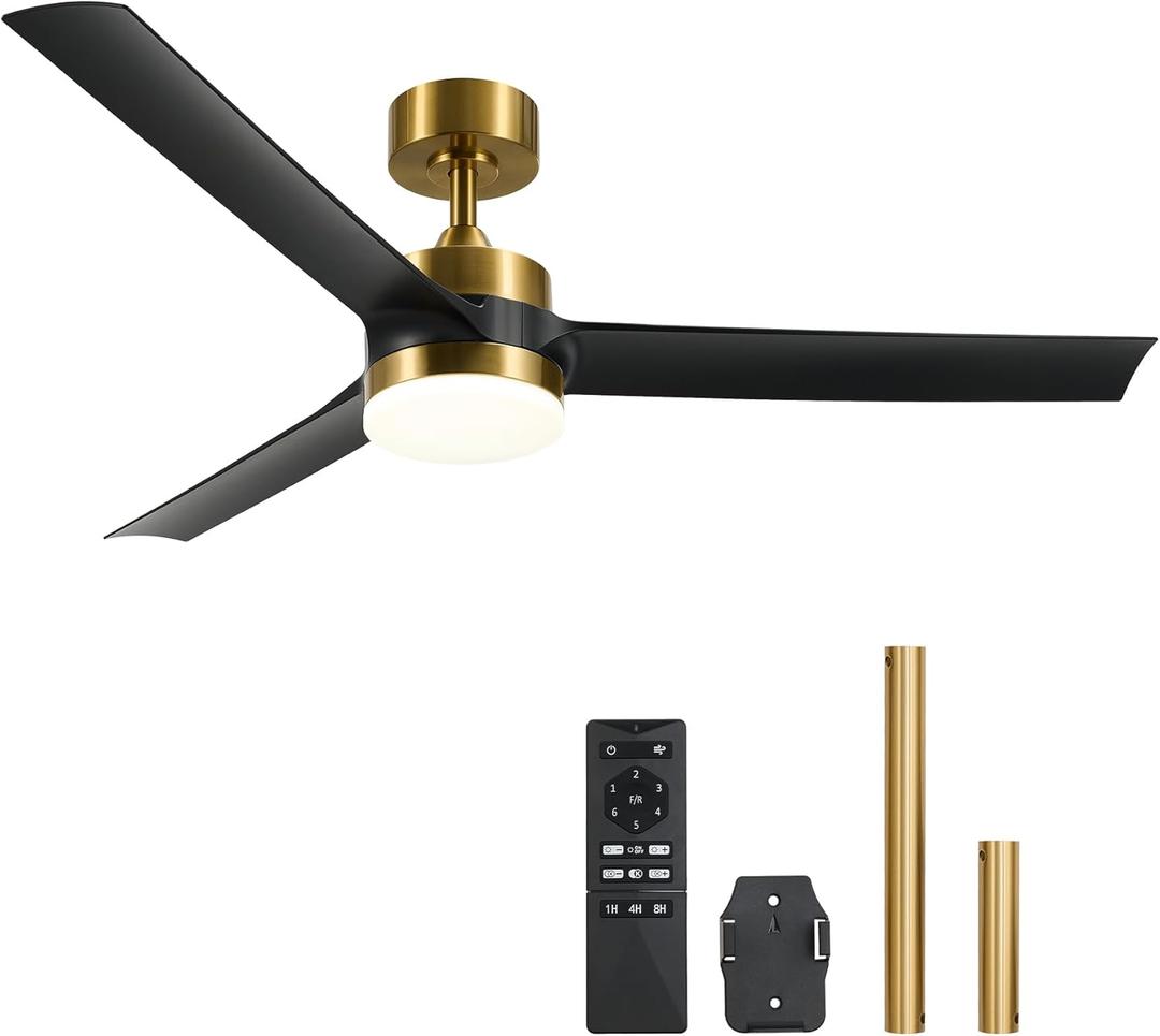 VONLUCE Ceiling Fans with Lights, 52 Inch Ceiling Fan and Remote, with 3 Blades 6-Speeds Noiseless Reversible DC Motor, Modern Ceiling Fan for Farmhouse Bedroom Patio Indoor Outdoor, Black Gold  