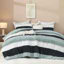 Litanika Fluffy Fleece Full Comforter Set, 3 Pcs Sage Green Stripe Bed Set