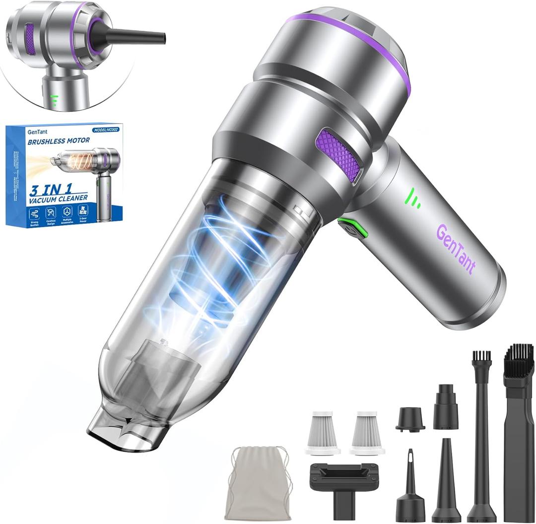 Car Vacuum Portable Cordless, 18000PA Handheld Vacuum Cordless, High Power Air Duster with Brushless Motor, Type-C Charge, 3 in 1 Mini Vacuum Cleaner for Car, Home, Office, Pet Hair
