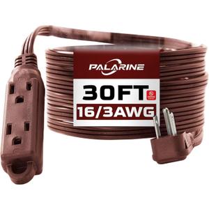 Flat Plug Extension Cord with 3 Outlets Extender, Indoor Extension Cord Power Strip, 16 Gauge 30FT Brown 3 Prong, 16/3 SPT-3 13A, UL Listed