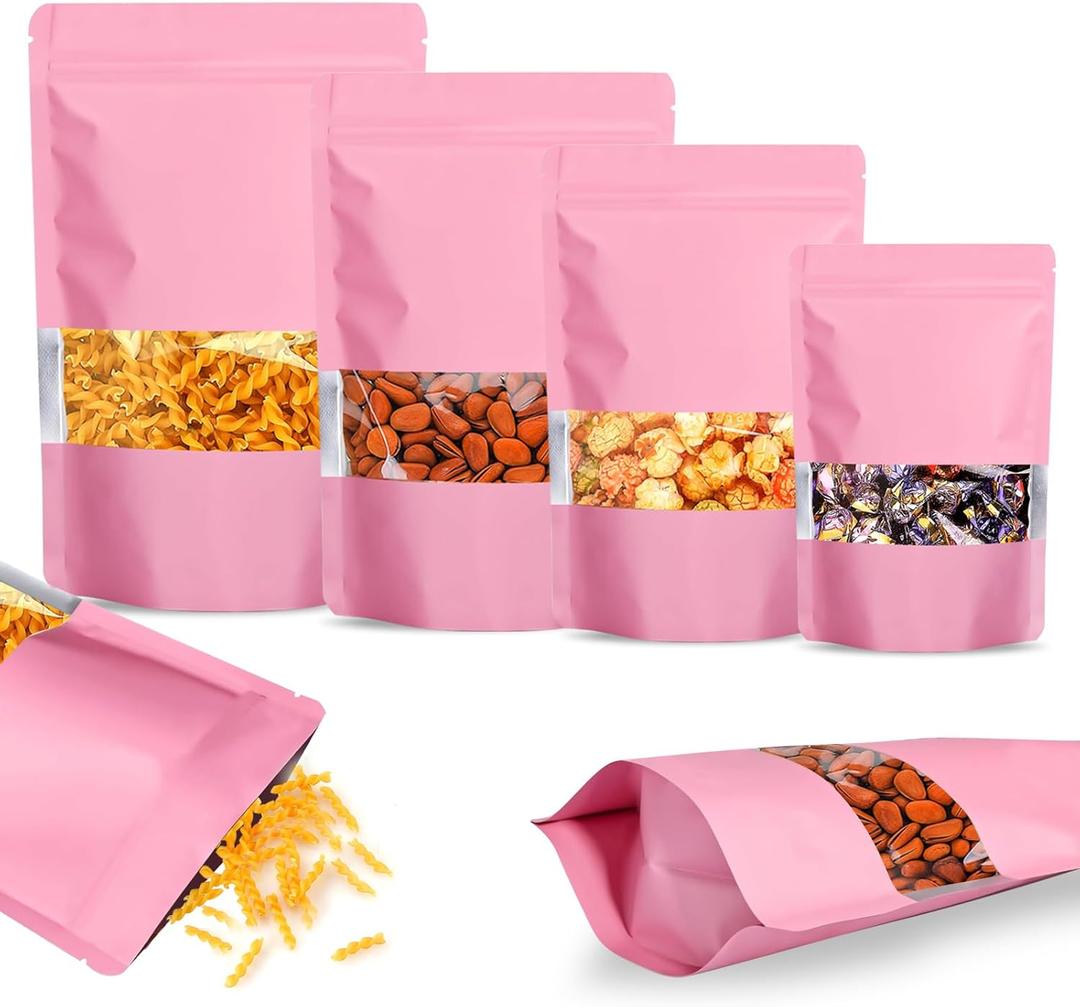 100 PCS Smell Proof Bags, Resealable Packaging Bags Matte Stand Up Foil Pouch with Clear Window, 4.7x7.9 Inch Sealable Smell Proof Pouch for Food Storage Small Business PackagingPink