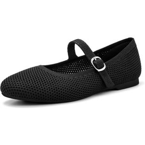 Tanamo Mary Jane Shoes Flats for Women Round Toe Shoes Ballet Flats Comfortable Dressy Adjustable Straps Casual Office Work Wedding Washable Knit Slip On (7.5, Black)