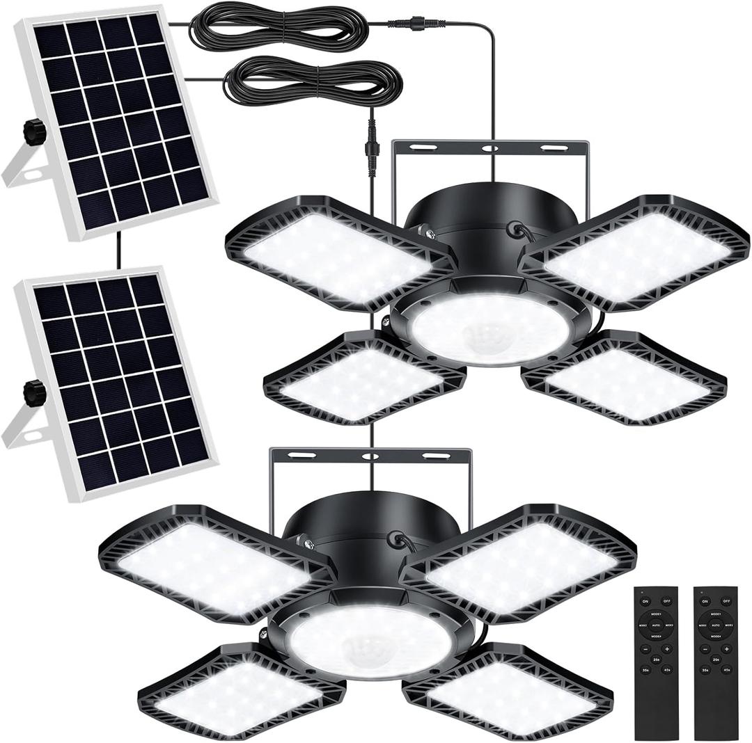 Solar Shed Light Outdoor Indoor, 176LED Solar Powered Motion Sensor Pendant Light Daytime, Solar Indoor Lights with 5 Lighting Modes & Remote for Shed Gazebo Barn Garage, 2 Pack