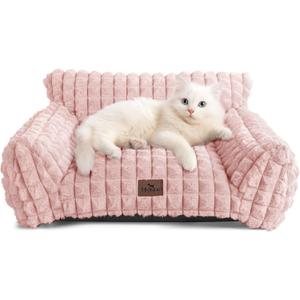 Cat Bed for Indoor Cats - Cute Pink Cat Couch Beds, Fluffy Pet Couch with Faux Rabbit Fur Washable Cover, Fuzzy Pet Sofa in 3D Diamond Pattern, 24inch