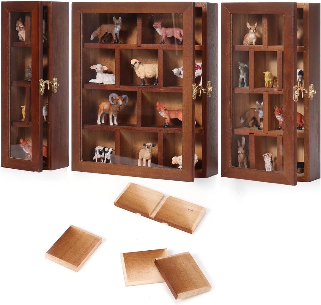Set of 3 Wooden Trinket Display Shelf Shadow Box with Shelves 10 x 15 Inch Large Wall Mounted Display Storage Mini Figures Curio Trinket Medals Crafts Collections(Brown,Box Shape)