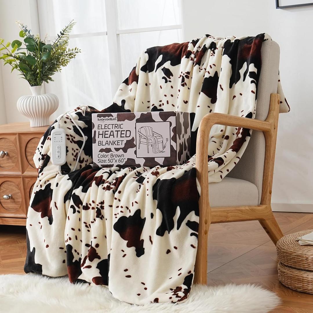 Cow Print Heated Electric Blanket Soft Western 60" x 50" Heating Blanket Cozy Throw Fast Heating 1-10H Auto-Off 8 Heat Level Over-Heat Protection Double Sided Cow Printing (Black, Brown and White)