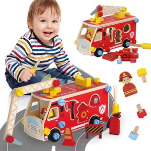 LOVELAND Wooden Fire Truck Toy Take-Apart STEM Vehicle with Firefighter Tools & Shape Sorting, Montessori Educational Gift for Toddlers Boys Girls Ages 3+
