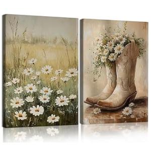 2 Pcs Vintage Country Daisy Canvas Wall Art Western Cowgirl Boots Wall Decor Paintings Farmhouse Floral Posters Print Wildflower Artwork Pictures for Living Room Bedroom Kitchen Home Decor 16×24 Inch