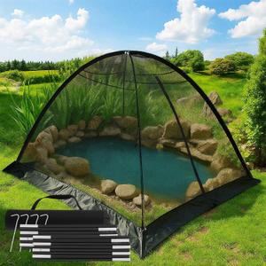 Pond Cover Dome Net 10x14 ft Netting Pond Covering Tent with Zipper Storage Straps, Fiberglass Poles, Ground Nails, Tie Ropes for Outdoor Garden Fish Pool Protection from Leaves Animals