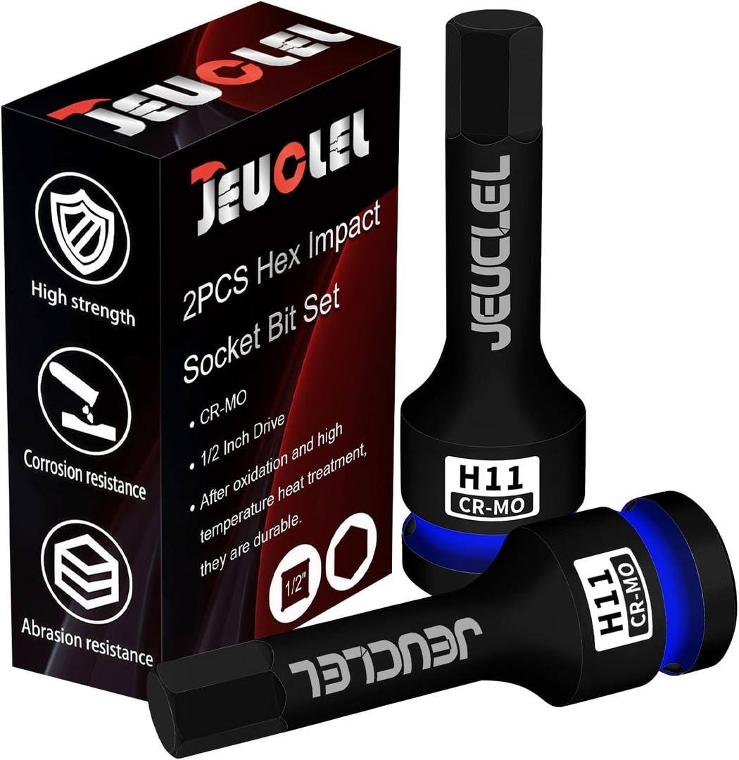 2Pcs 11mm Hex Impact Bit Socket, H11 1/2-Inch Impact Drive Allen Socket, Cr-Mo Steel Lengthen Hex Screwdriver Adapter for Electric Ratchet Wrenches Fastening Screws