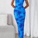 PRETTYGARDEN Women's Summer Maxi Floral Dresses Ruched Bodycon Sleeveless Mesh Formal Wedding Guest Cocktail Split Long Dress (Blue, Small)