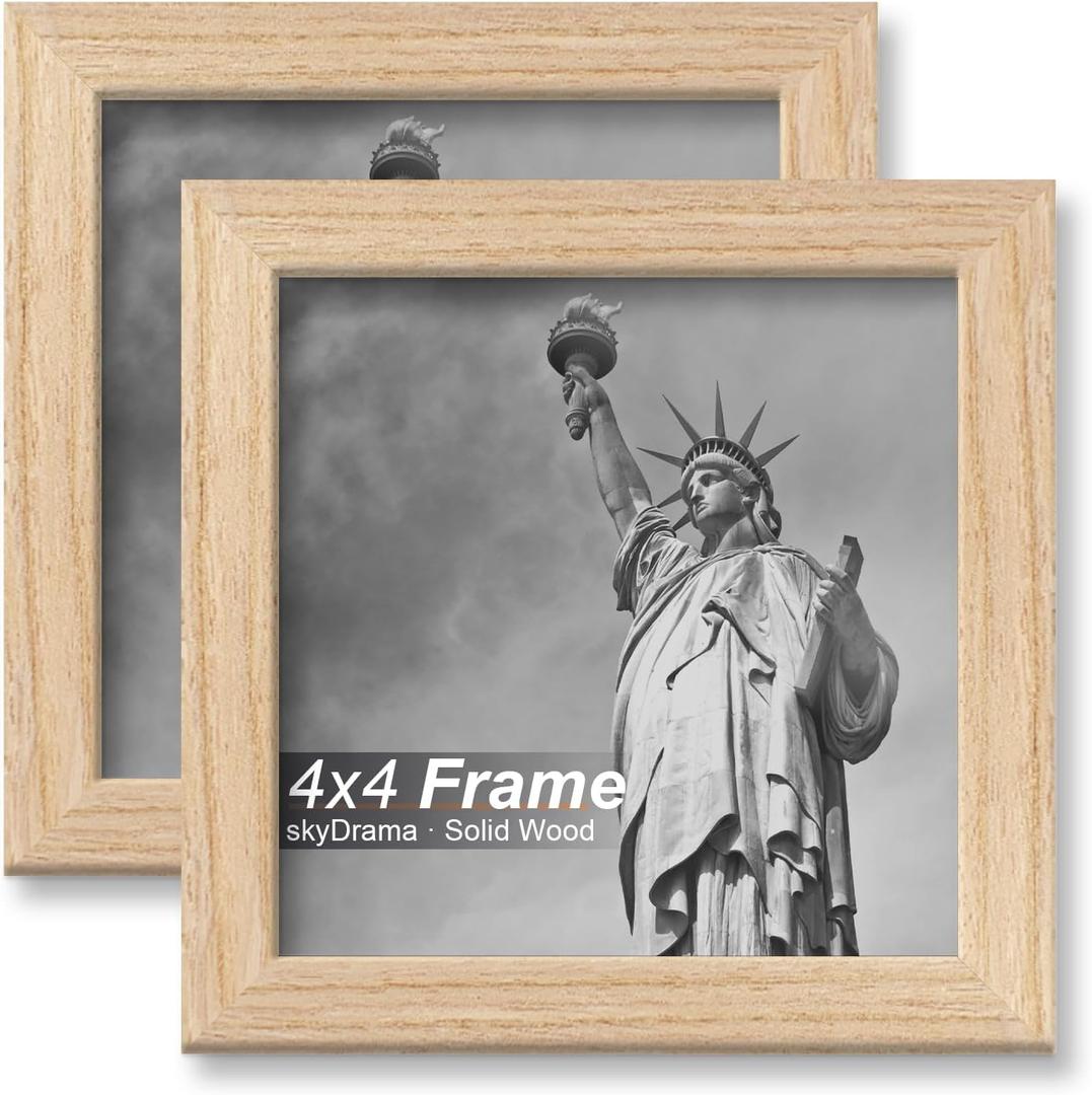 Natural Solid Wood 4x4 Picture Frame, Display 4 x 4 Inch Picture Poster Photo, Vertical & Horizontal Wall Hanging - 2 Pack/Black/4"x4"