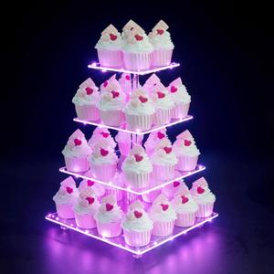 Cupcake Stand, 4-Tier Square Cupcake Holder with LED Light String, Acrylic Cupcake Tower Display-Dessert Tower-Pastry Stand-Cupcake Tier Stand for Wedding, Birthday Party ( Pink Light)