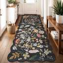 3x8 Washable Non-Slip Runner Rug for Hallway, Kitchen, Entryway, Bathroom Boho Vintage Floral Wide Carpet Runner with Scalloped Soft, Low-Pile, Thin (Black,3x8)