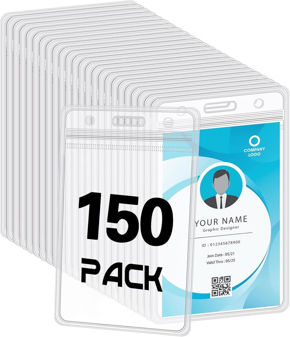 150 Pack Vertical ID Badge Holders Clear Plastic Waterproof Card Holder Resealable for Office Worker Teacher Nurse