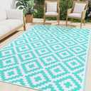 Smiry Waterproof Outdoor Rug 8x10 ft, Reversible Plastic Straw Patio Camping Rugs, Outdoor Indoor RV Mat Carpet for Patio, Outside Entry, Backyard, Deck, Bench, Picnic, Camper, White & Teal