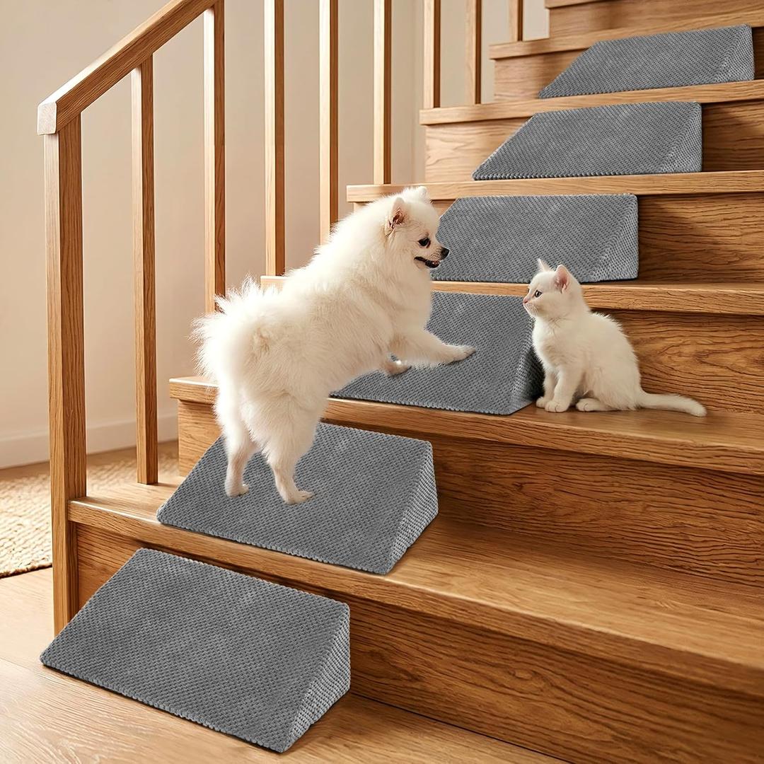 Dog Ramp for Stairs, Stair Wedges for Small Dogs, Senior Dogs, Cats & Pets with Mobility Issues, Attaches to Stairs Non-Slip 3D Corduroy Fabric (Removable & Washable), Joint Support for Pet, 6 Pack