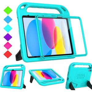 BMOUO Kids Case for 11th Generation (A16) 11 Inch 2025/10th Generation 10.9" 2022 - with Built-in Screen Protector, Shockproof Handle Stand 11th/10th Generation Case for Kids, Turquoise